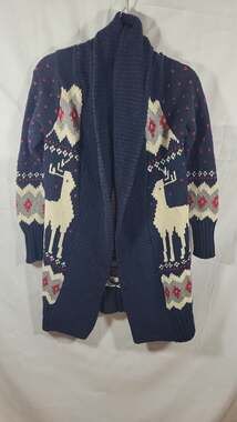 Eddie Bauer Women's Navy Reindeer Fair Isle Shawl Collar Open Front Cardigan Swe